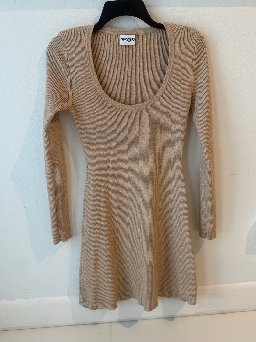 Princess Polly Beige Ribbed Long Sleeve Mini Dress